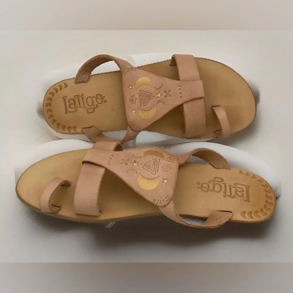 Latigo Embroidered Beige Leather Women’s Toe Loop Flat Sandals Thong Size 7.5 - Picture 3 of 7